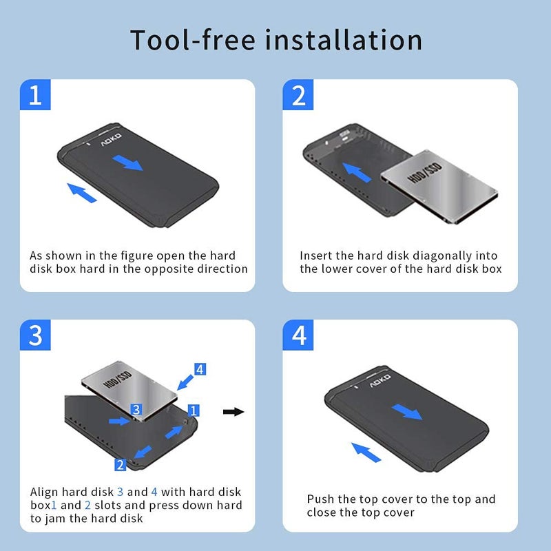 AOKO USB C 3.1 to 2.5-inch 7mm to 15mm SATA Hard Drive Enclosure(UP to 15mm Thick HDD),Tool-Free Portable Hard Drive Case Converter with Dual USB-A to C Y Cable and USB A to C Adapter - Image 3